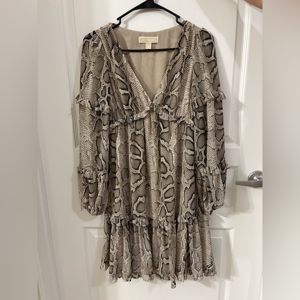 Michael Kors Beige Snake Print Long Sleeve Dress